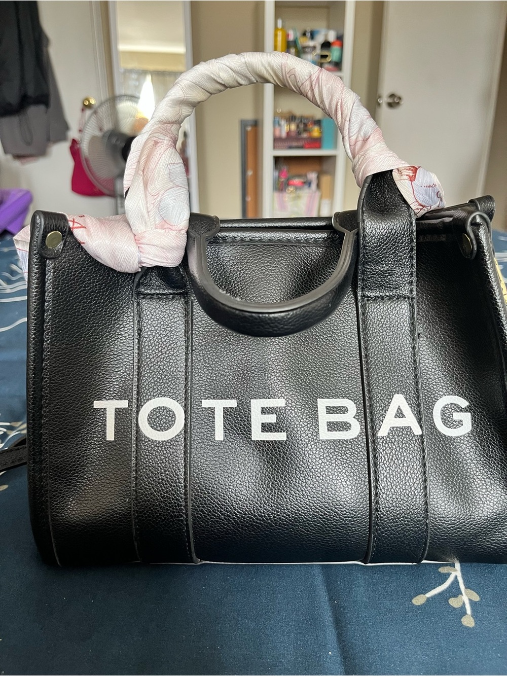 Black Tote Bag with Twisted Scarf-Wrapped Handles